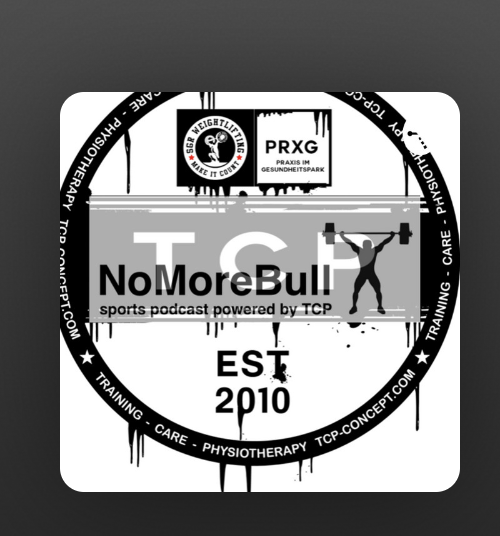 Auf dem Logo ist ein Gewichtheber, sgr weightlifting, prxg praxis im Gesundheitspark und Podcast NoMoreBull TCP Jan Schröder André Heppner